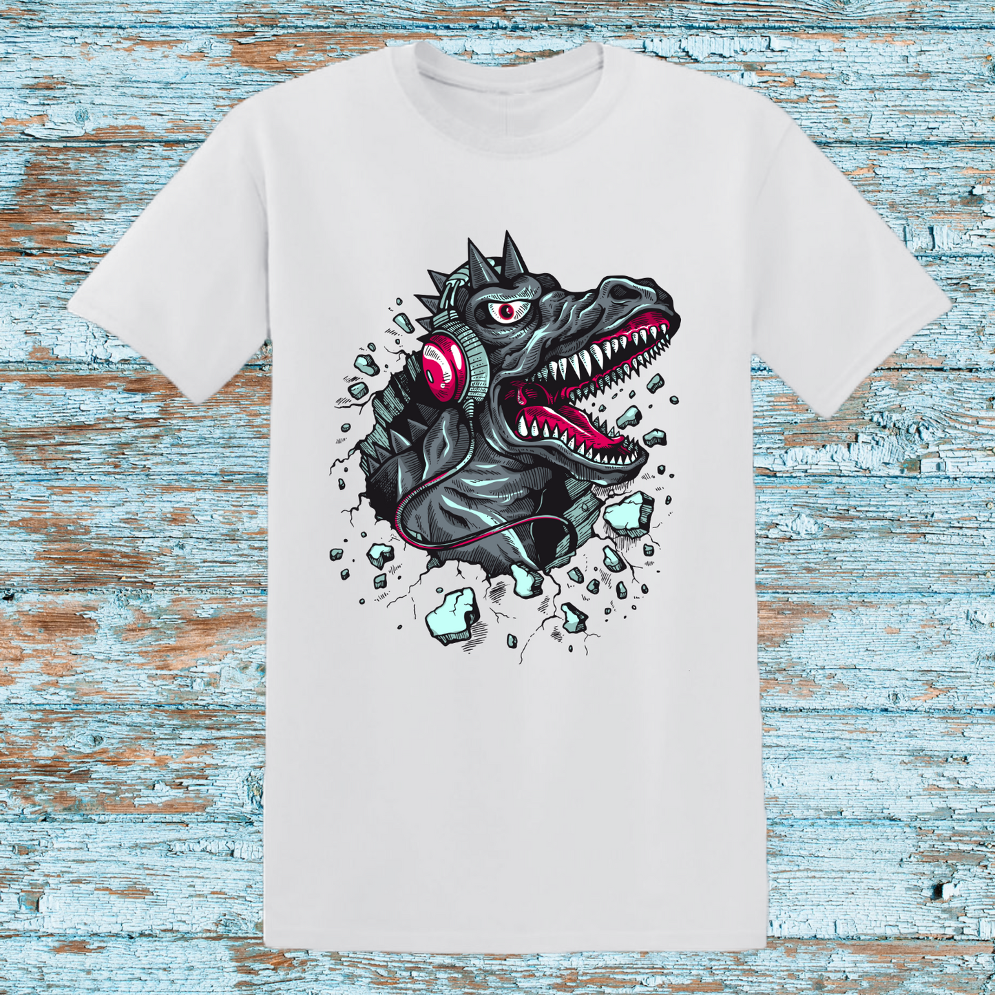 "Cool T-Rex Dinosaur Headphones T-Shirt | Retro Dinosaur Graphic Tee | White Unisex Shirt | Music Lover Gift | Unique Dinosaur Design