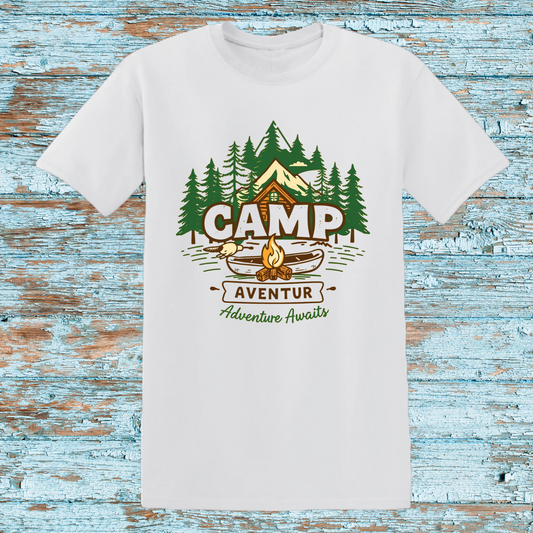 Camping Adventure Awaits T-Shirt | Outdoor Campfire Graphic Tee | Nature Lover Shirt | White Unisex Camping Apparel | Camp Aventur Design"