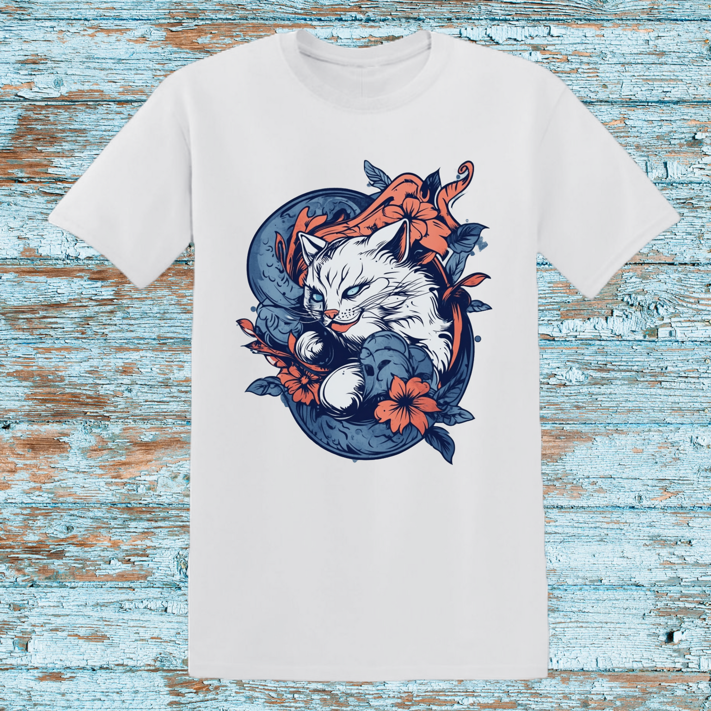 Elegant Cat and Floral Design T-Shirt | Artistic White Unisex Tee | Cozy Feline Lover Shirt | Beautiful Cat with Flowers Graphic