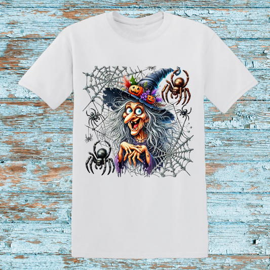 Kids Spooky Witch Halloween T-Shirt – Creepy Witch and Spider Graphic Tee – Fun Halloween Costume Shirt