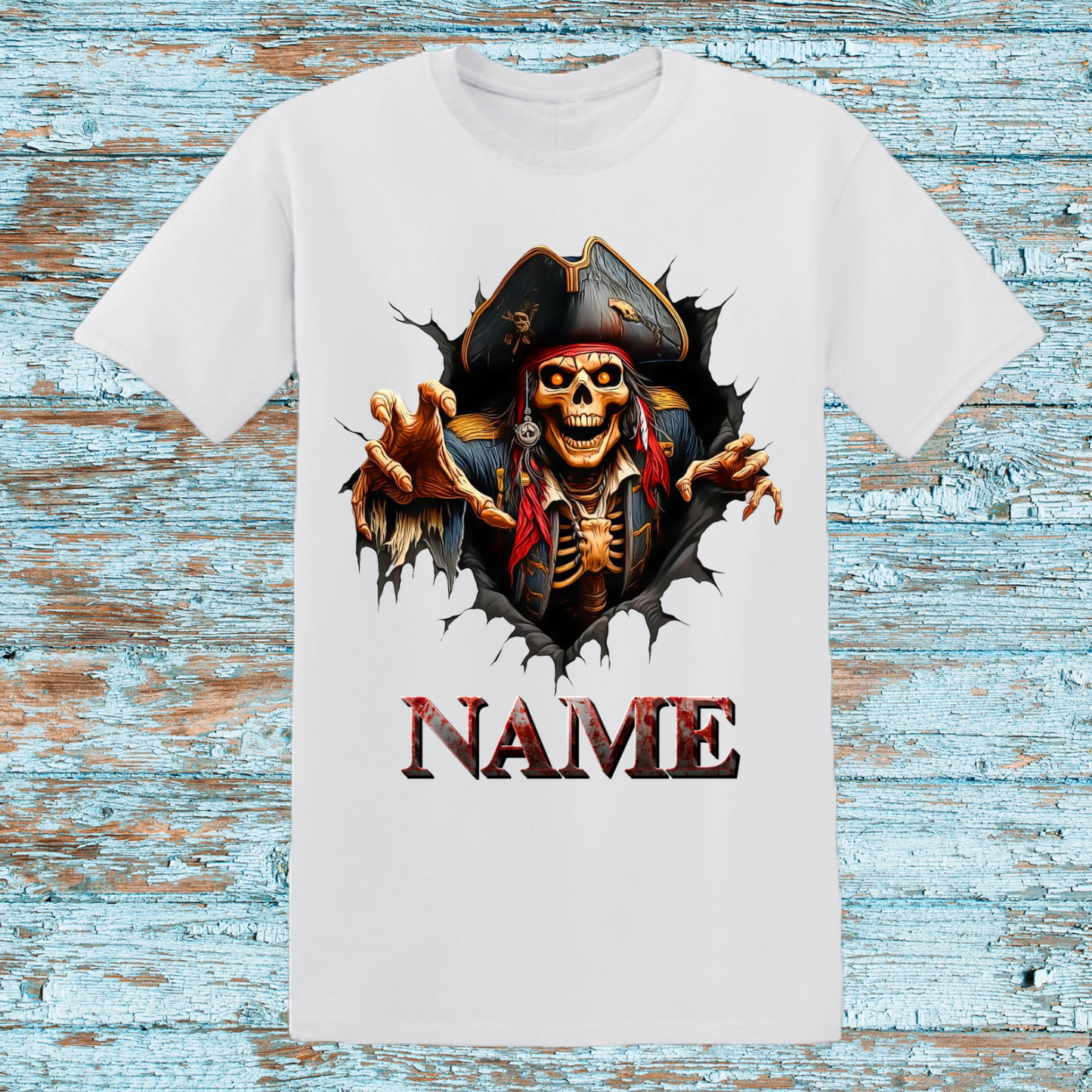 Pirate Skeleton T-Shirt – Customizable Name Tee, Skull Pirate Crew Shirt, Halloween Pirate Gift, Personalized Pirate Appare