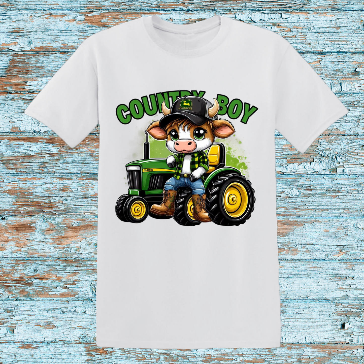 Country Boy Tractor T-Shirt | Cute Farm Cow in Green Tractor | Adorable Farm Life Graphic Tee for Kids"