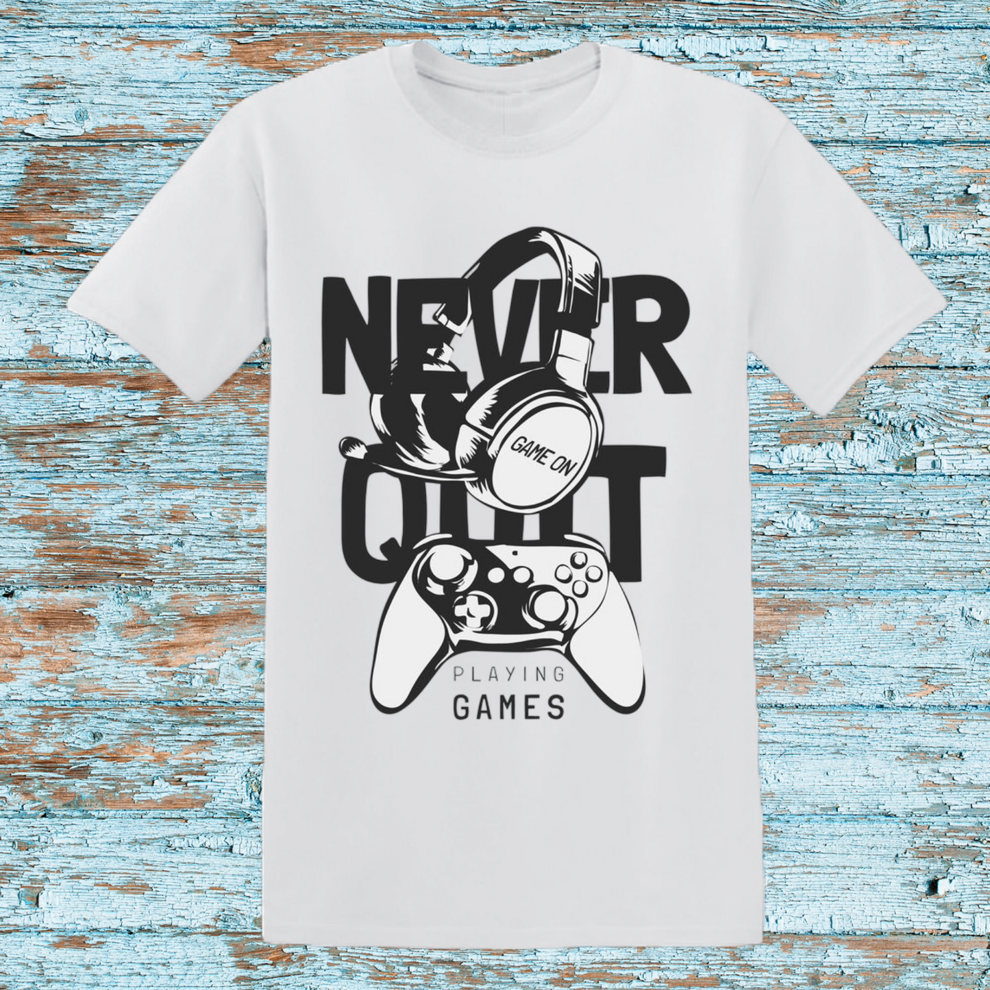 Never Quit Gaming Kids T-Shirt – Bold Gamer Headset & Controller Graphic Tee for Young Gamers