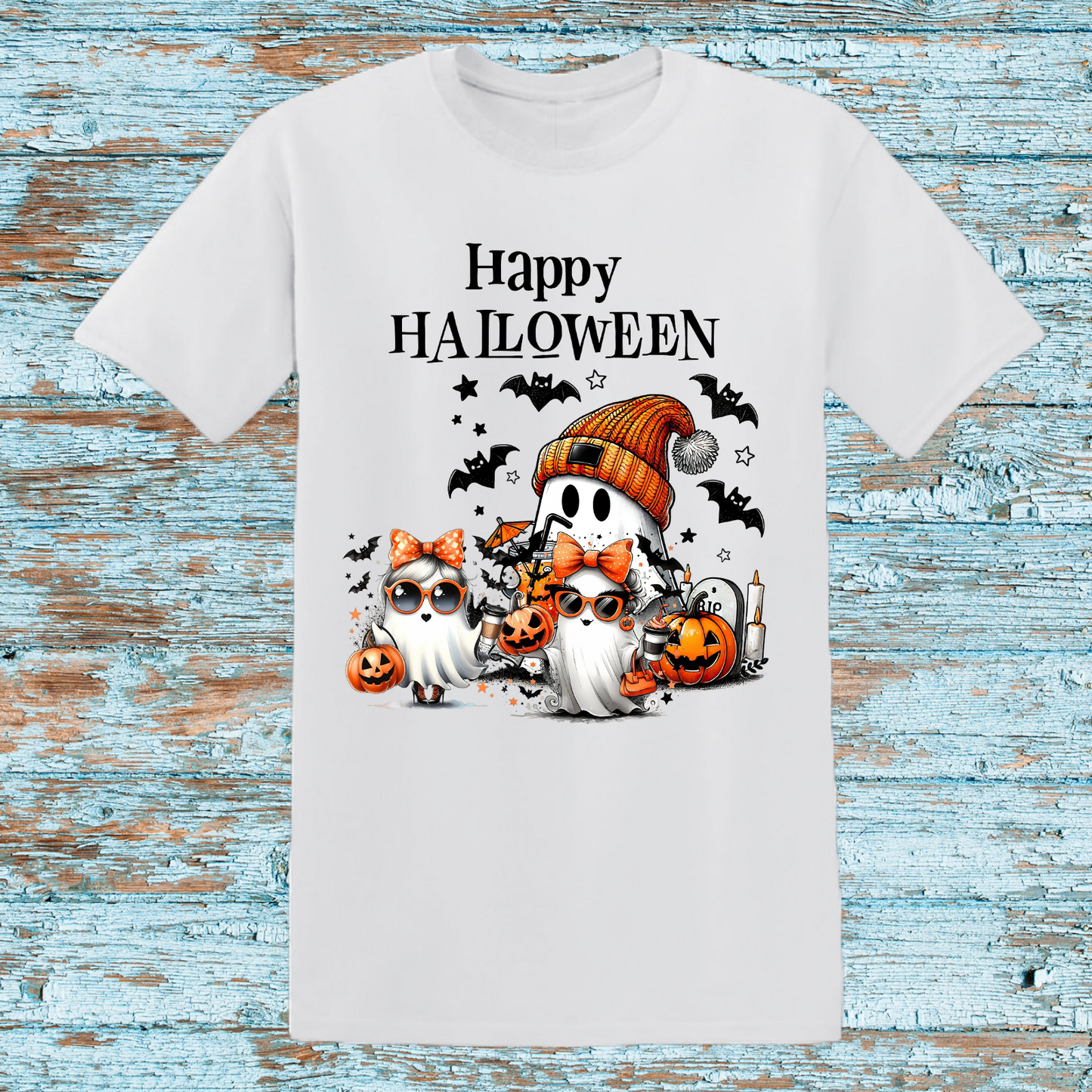 Happy Halloween Ghost Family T-Shirt – Adorable Gnome and Pumpkin Design – Kids Halloween Graphic Tee