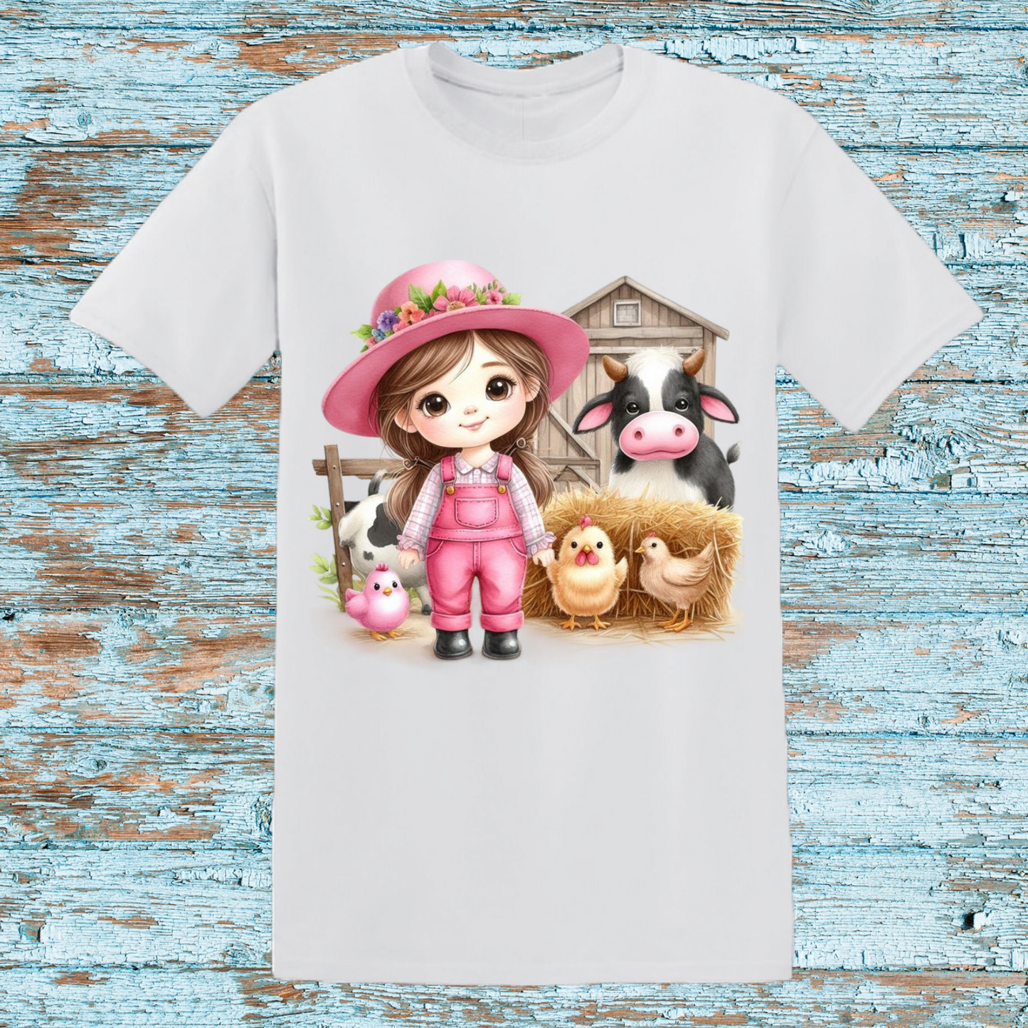 Adorable Farm Girl T-Shirt - Cute Barnyard Animals Graphic Tee with Pink Overalls