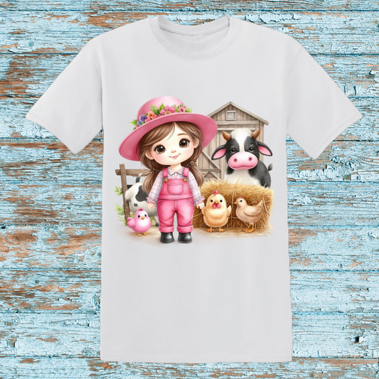 Adorable Farm Girl T-Shirt - Cute Barnyard Animals Graphic Tee with Pink Overalls