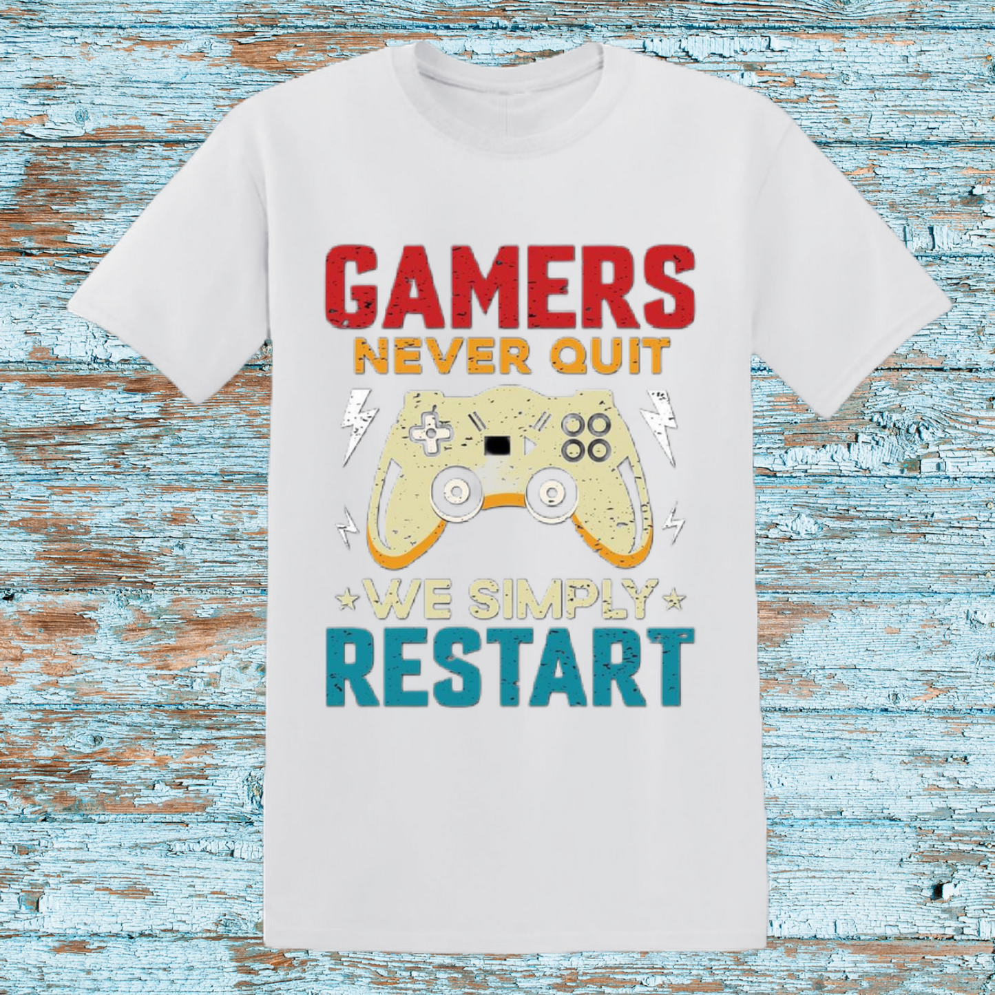 Gamers Never Quit Kids T-Shirt – Fun Controller Graphic Tee with 'We Simply Restart' Slogan