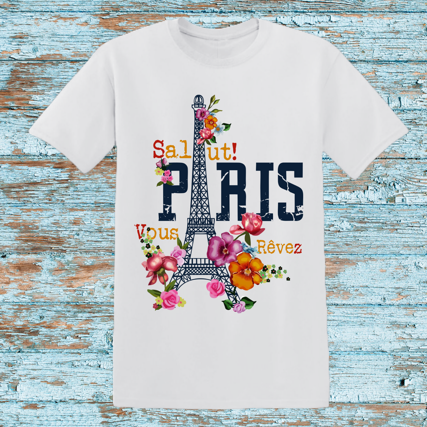 Paris-Themed Floral T-Shirt with Eiffel Tower Design, French Greeting Tee, Stylish Parisian Graphic Top