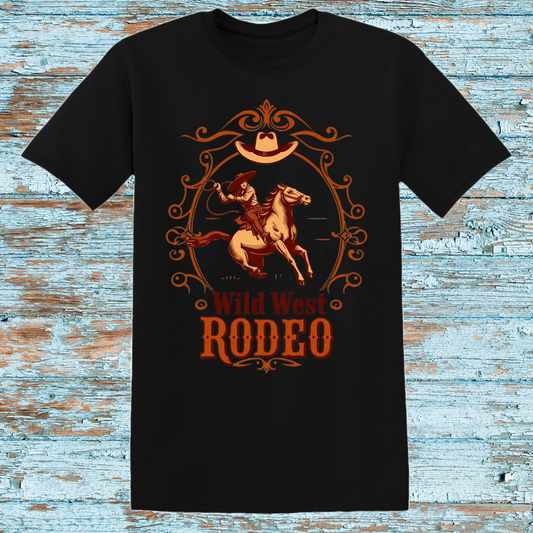 Wild West Rodeo Girls' T-Shirt | Cowgirl and Horse Graphic Tee | Western-Themed Youth Shirt | Black Rodeo Design for Girls | Country Style Apparel