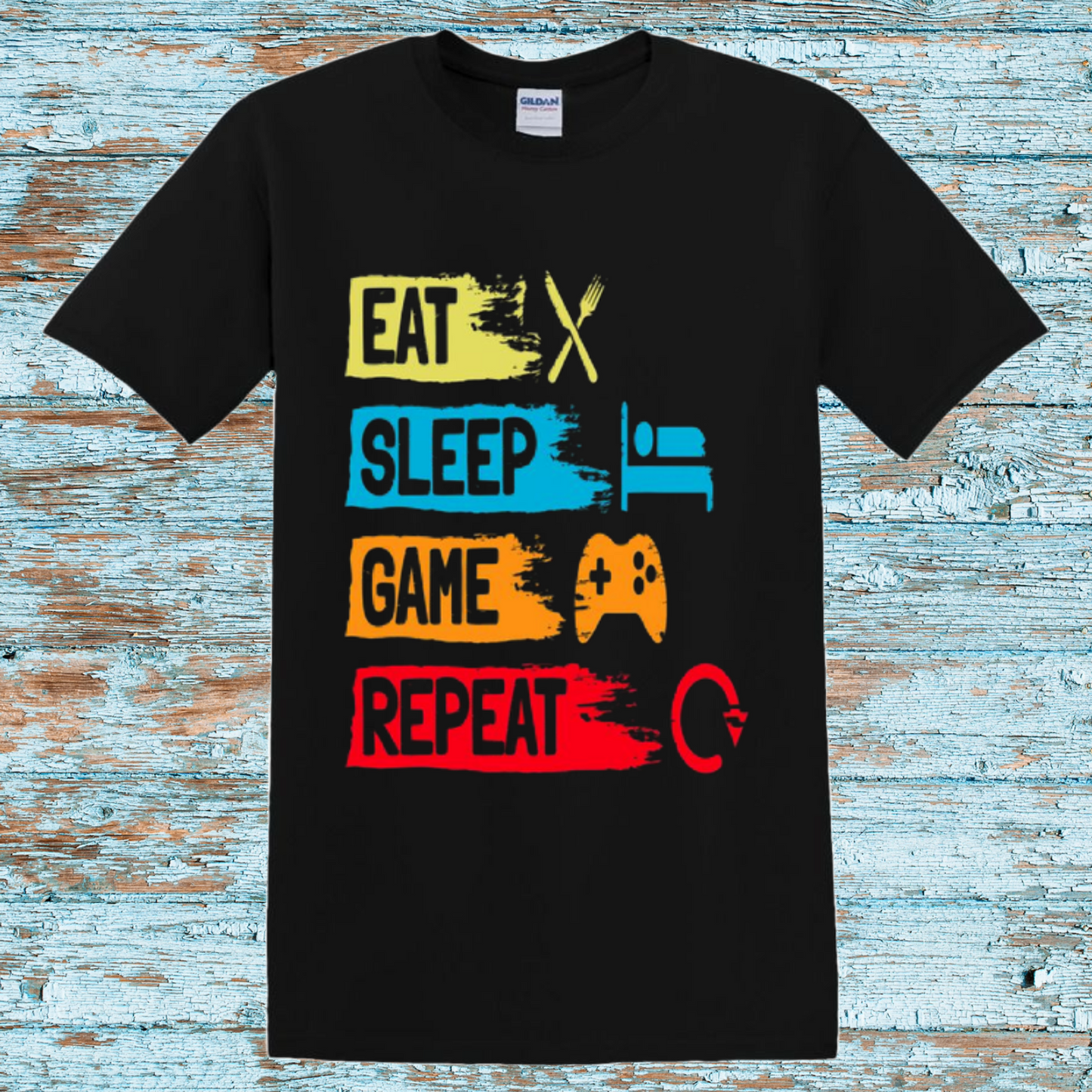 Eat Sleep Game Repeat Kids T-Shirt – Colorful Gamer Graphic Tee for Video Game Lovers