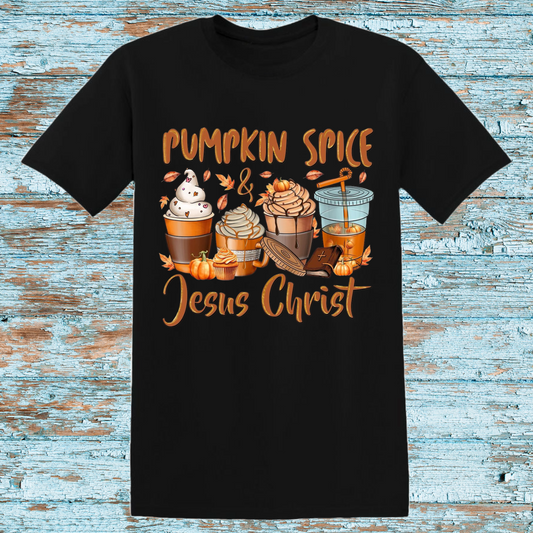 Pumpkin Spice & Jesus Christ T-Shirt – Fall Christian Graphic Tee – Cozy Autumn Faith Shirt