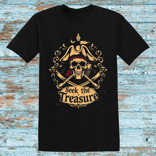 Pirate Skull 'Seek the Treasure' T-Shirt | Black Graphic Tee | Nautical Pirate Theme Shirt | Unisex Casual Wear | Adventure Lovers Gift