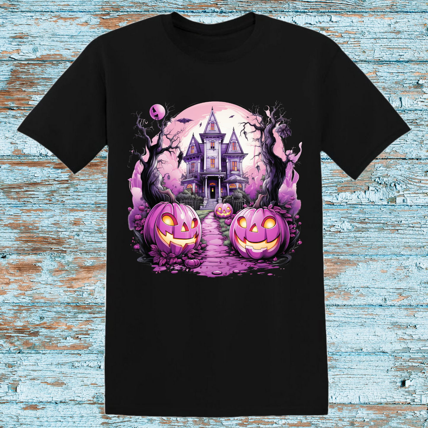 Haunted House and Jack-o'-Lanterns Halloween T-Shirt – Spooky Gothic Graphic Tee – Kids Halloween Shirt"