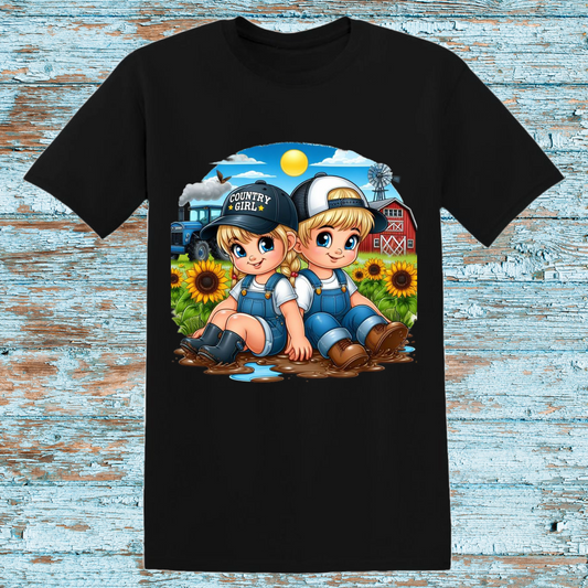 Country Kids T-Shirt - Adorable Farm Boy and Girl Graphic Tee with Sunflowers and Barn Scene