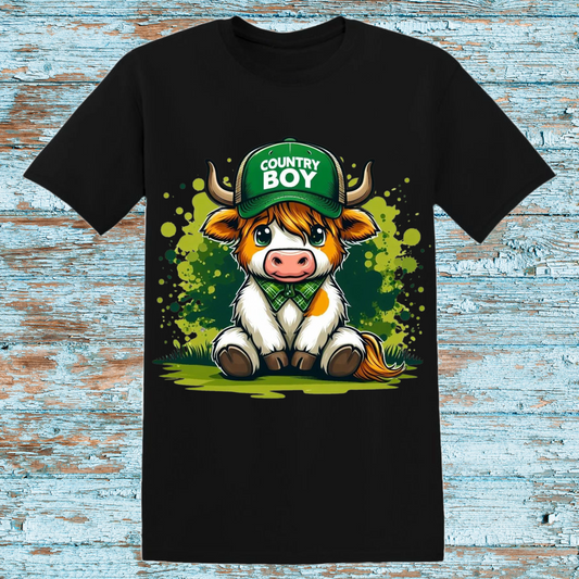 Country Boy Cow in Green Cap Graphic Tee - Cute Farm Animal Shirt for Country Lovers