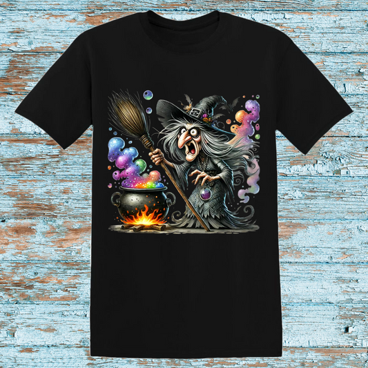 Colorful Witch and Cauldron Halloween T-Shirt – Spooky Witchcraft Graphic Tee – Fun Halloween Costume Shirt"