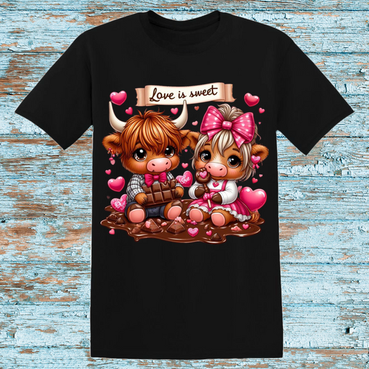 Love is Sweet T-Shirt - Adorable Highland Cows with Chocolate Valentine's Day Graphic Tee