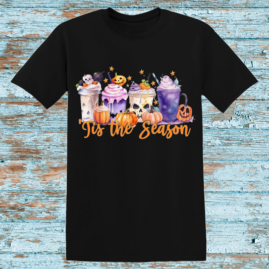 Tis the Season Halloween Drink T-Shirt – Cute Pumpkin & Spooky Beverage Graphic Tee – Fall Halloween Shirt