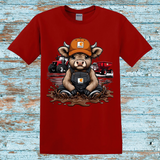 dorable Farm Cow Graphic Tee | Muddy Tractor Baby Cow in Carhartt Gear | Cute Red Farm Life T-Shirt | Perfect Gift for Farm Lovers