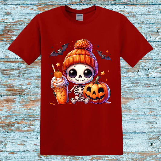 Cute Skeleton and Pumpkin Halloween T-Shirt – Cozy Autumn Vibes Graphic Tee – Kids Halloween Outfit