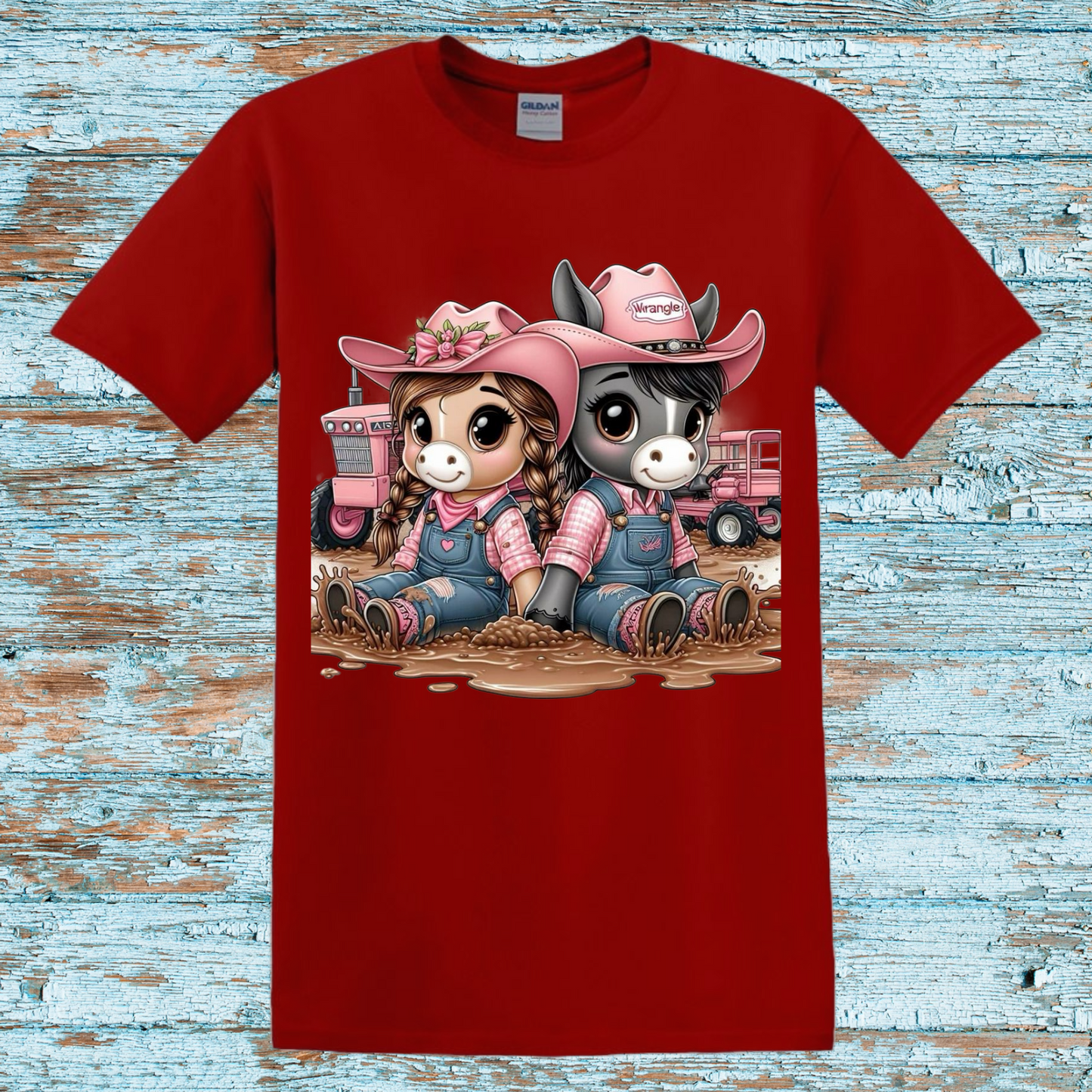 Cowgirl and Cowboy Horse T-Shirt - Adorable Farm Animal Duo Graphic Tee in Pink