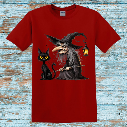 Classic Witch and Black Cat Halloween T-Shirt – Spooky Vintage Vibes Graphic Tee – Kids Halloween Shirt"