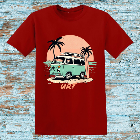 Retro Surf Van T-Shirt | Vintage Beach Sunset Graphic Tee | Red Unisex Surfing Shirt | Palm Tree Surf Design | Summer Adventure Apparel