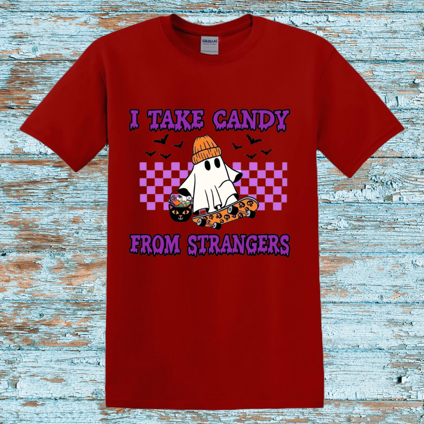 I Take Candy From Strangers Halloween T-Shirt – Funny Ghost & Skateboard Graphic Tee – Spooky Trick-or-Treat Shirt