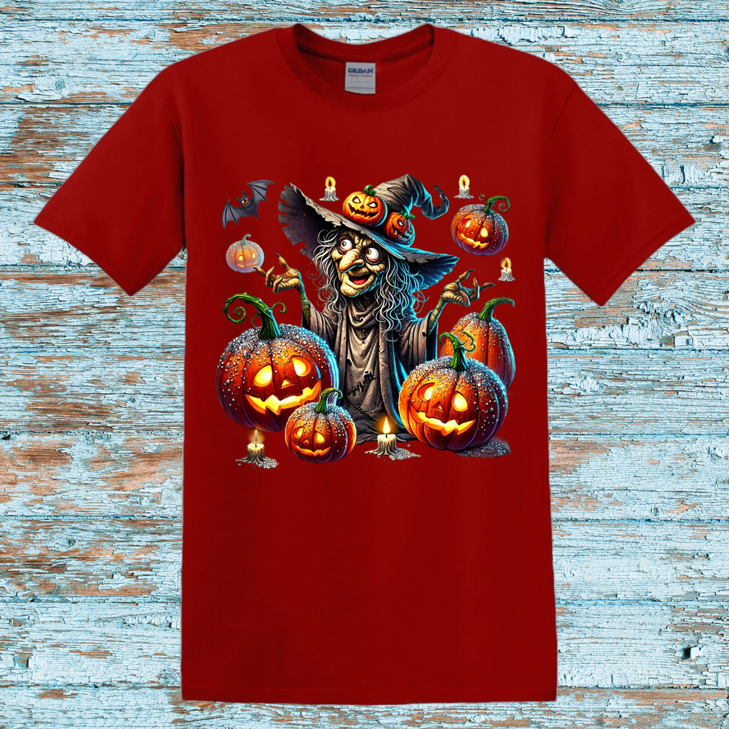 Witch with Pumpkins Halloween T-Shirt – Spooky Jack-o'-Lanterns and Witch Graphic Tee – Fun Halloween Costume Shirt