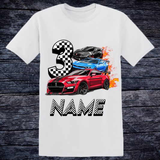 Custom Kids Racing Cars Birthday T-Shirt Personalised Name Age Gift