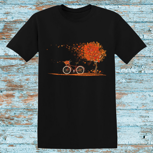 Autumn Bicycle T-Shirt | Fall Leaves and Tree Graphic Tee | Black Unisex Seasonal Shirt | Cozy Autumn Vibes | Nature Lover Gift