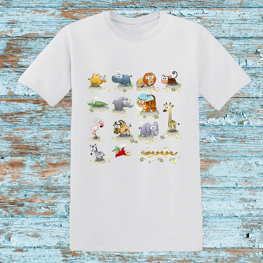 White T-Shirt with Cute Cartoon Zoo Animals | Fun & Colorful Design | Unisex