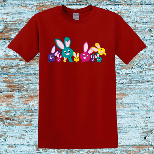 Colorful Bunny Family Girls' T-Shirt | Cute Easter Rabbit Graphic Tee | Red Youth Shirt | Fun and Playful Design for Kids"